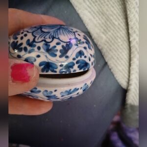 Vintage Blue and White Floral Trinket Box Egg Shaped